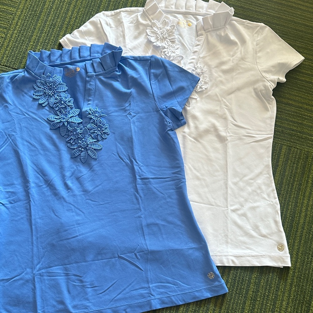 Lilly Pulitzer Blue & White Floral Embroidered luxletic golf Tops shirts size M